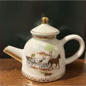 Vintage Imperial Treasure Hand Painted Porcelain Mini Teapot Carriage Scene